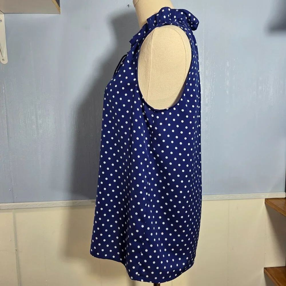 J. Crew 8 Blue White Polka Dot Sleeveless Ruffle Collar Keyhole Front Blouse